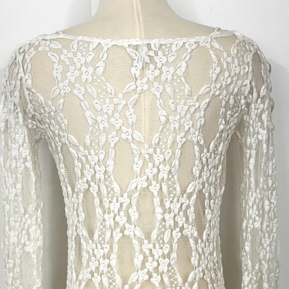 Free People Sheer Lace-Up Shoulder Stretchy Floral Top Blouse White | M - Picture 6 of 9